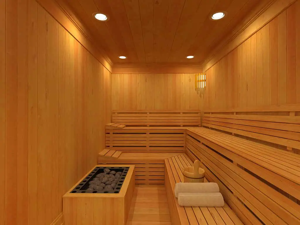 An empty Planet Fitness sauna.