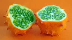 In this picture, a horned melon is bisected equally in orange-colored background.