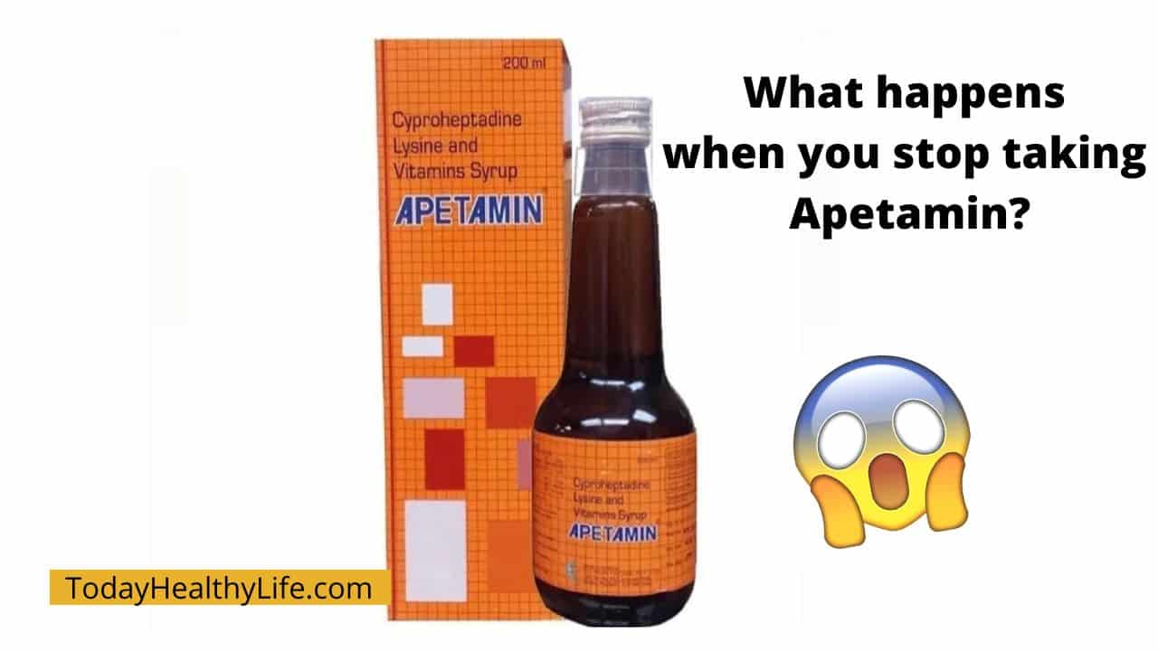 In this picture, an Apetamin syrup with white background and a text "What happens when you stop taking Apetamin?".